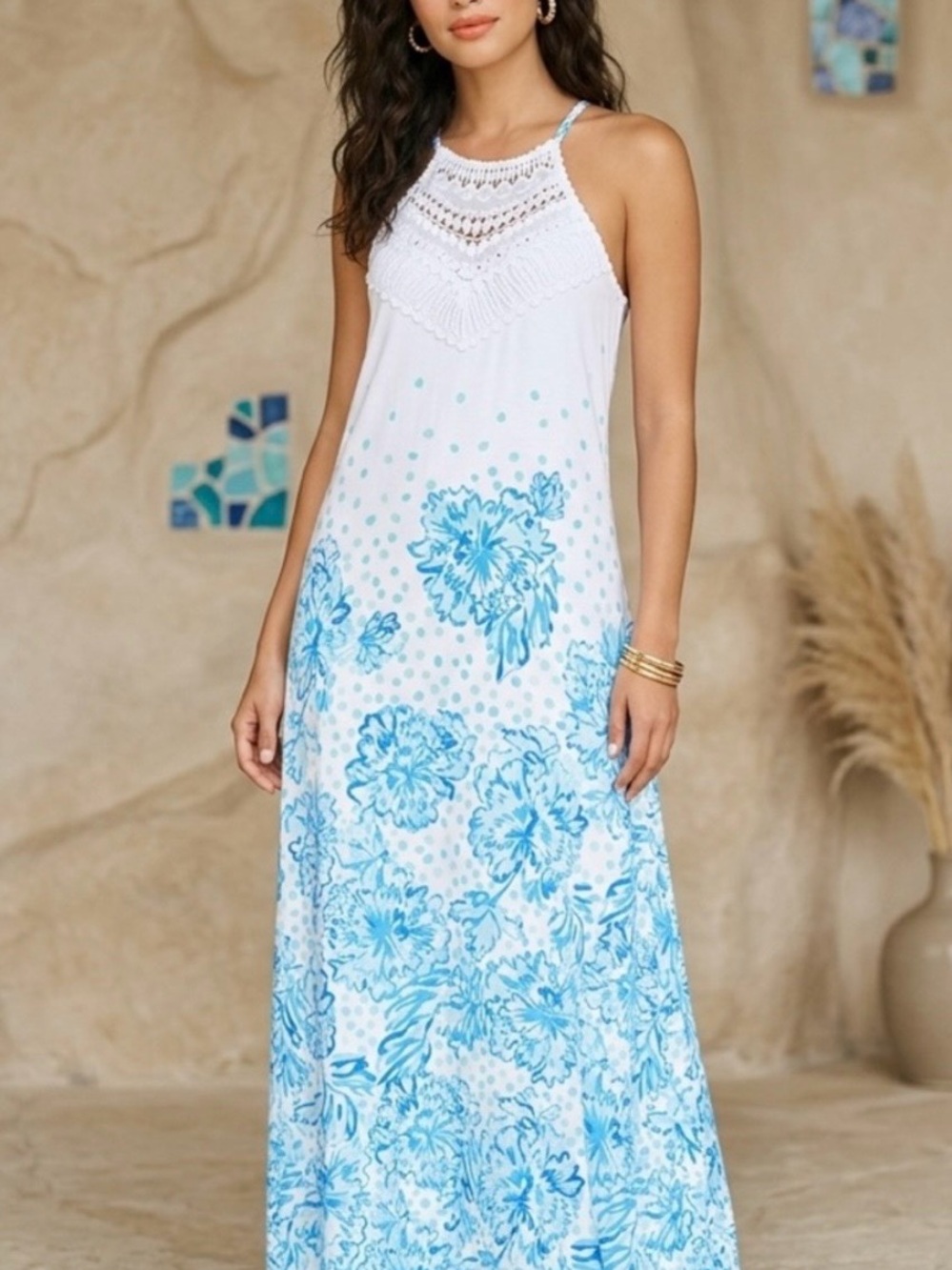 Lilly Pulitzer White Karma Camellia Maxi Dress with Blue Floral Print Size 8 NWT